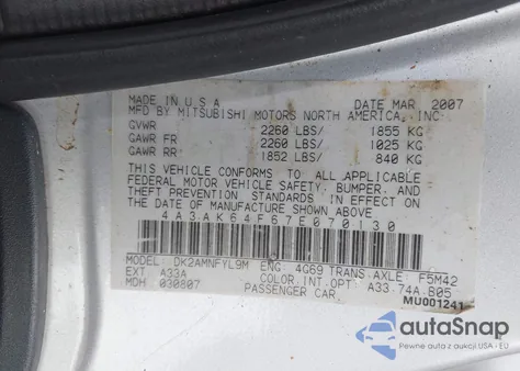 2007 Mitsubishi Eclipse Se z USA, uszkodzony, nr VIN 4A3AK64F67E070130